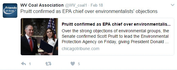 20170223_1420 Scott Pruitt Confirmed as Head of EPA in Wake of Controversial 05 WV Coal 20170218 Tweet by PublicChronicle.com